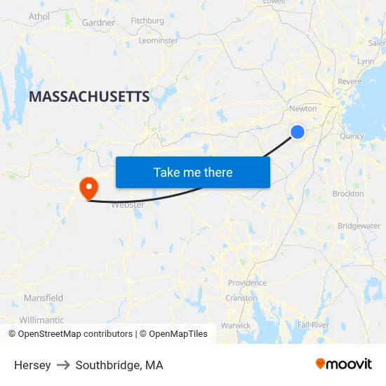 Hersey to Southbridge, MA map