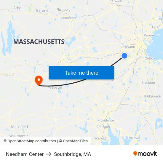 Needham Center to Southbridge, MA map