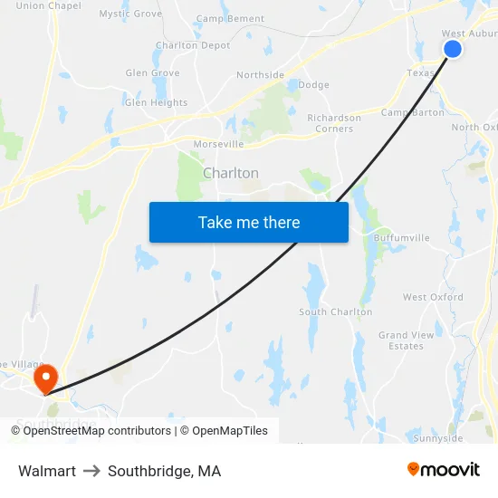 Walmart to Southbridge, MA map