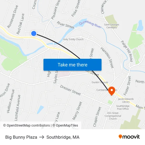 Big Bunny Plaza to Southbridge, MA map