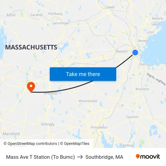 Mass Ave T Station (To Bumc) to Southbridge, MA map