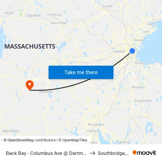 Back Bay - Columbus Ave @ Dartmouth St to Southbridge, MA map