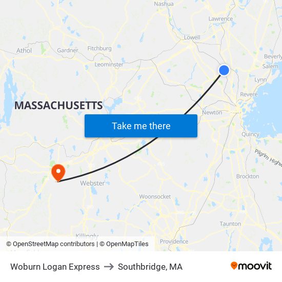 Woburn Logan Express to Southbridge, MA map