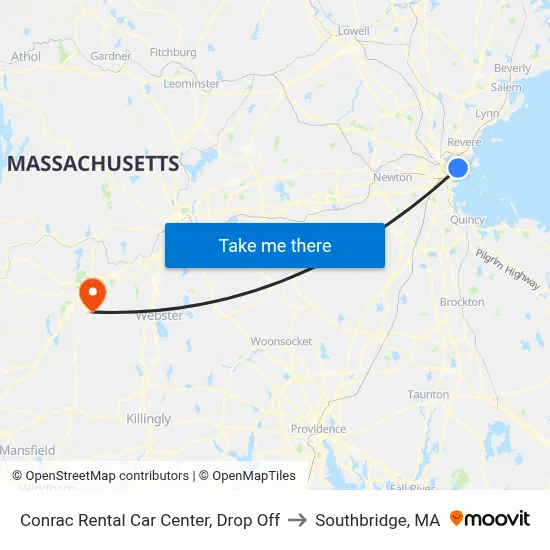 Conrac Rental Car Center, Drop Off to Southbridge, MA map