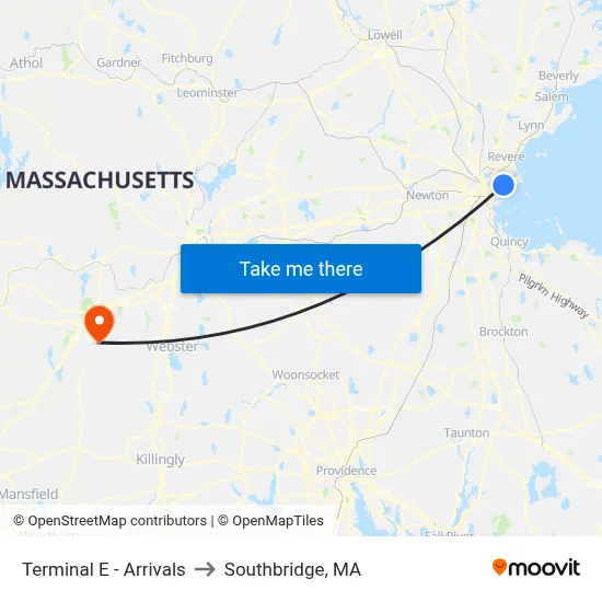Terminal E - Arrivals to Southbridge, MA map