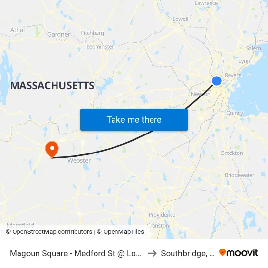 Magoun Square - Medford St @ Lowell St to Southbridge, MA map