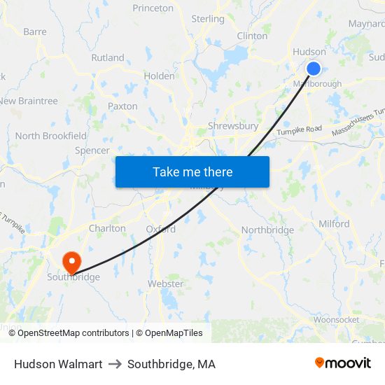 Hudson Walmart to Southbridge, MA map