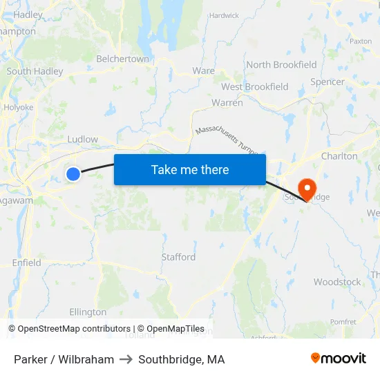 Parker / Wilbraham to Southbridge, MA map