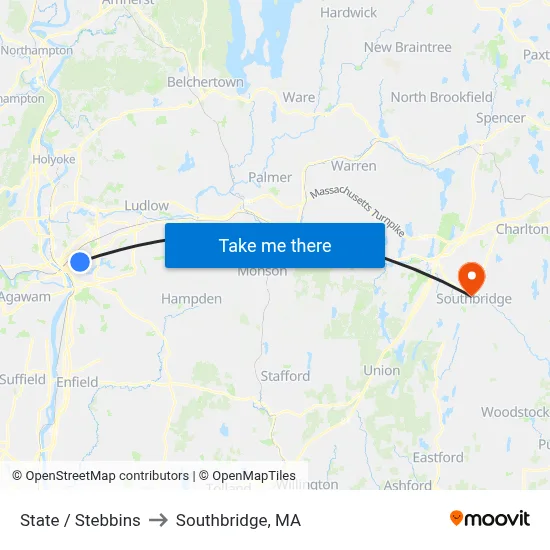 State / Stebbins to Southbridge, MA map