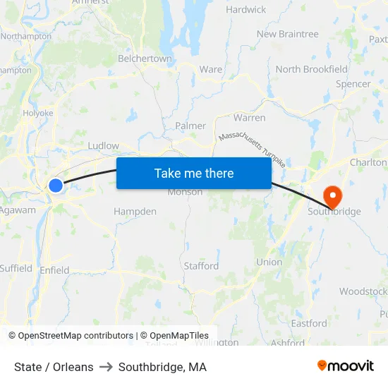 State / Orleans to Southbridge, MA map