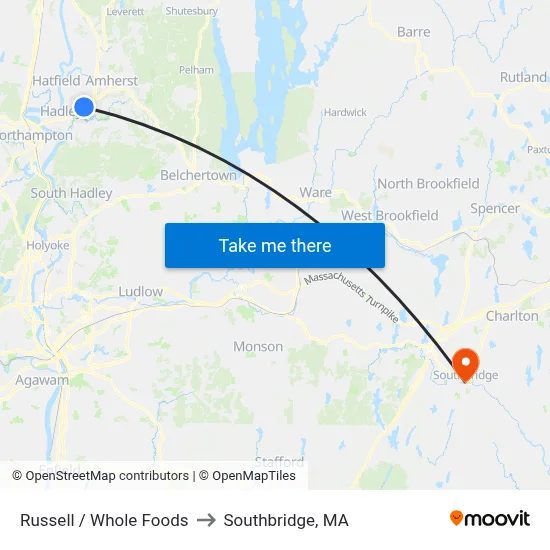 Russell / Whole Foods to Southbridge, MA map
