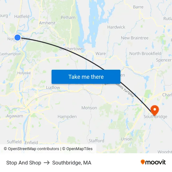 Stop And Shop to Southbridge, MA map