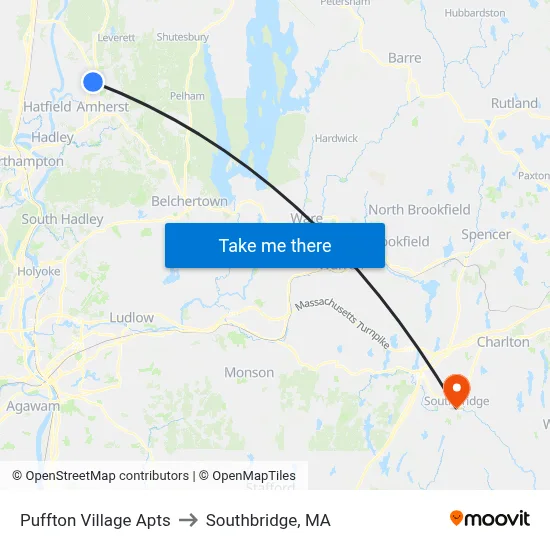 Puffton Village Apts to Southbridge, MA map