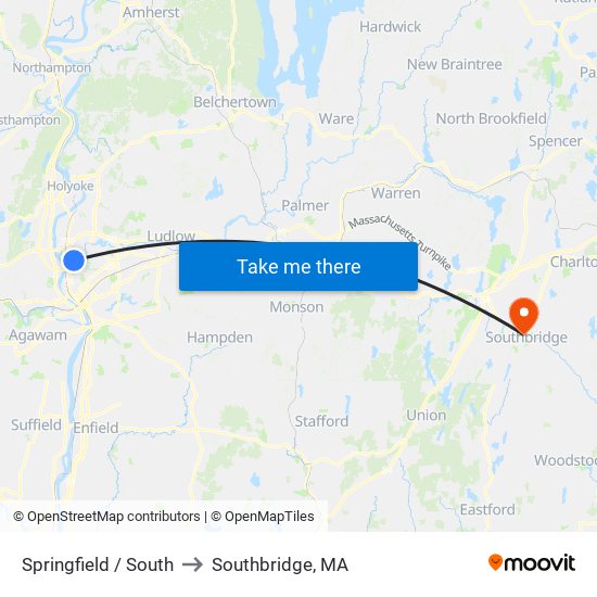 Springfield / South to Southbridge, MA map