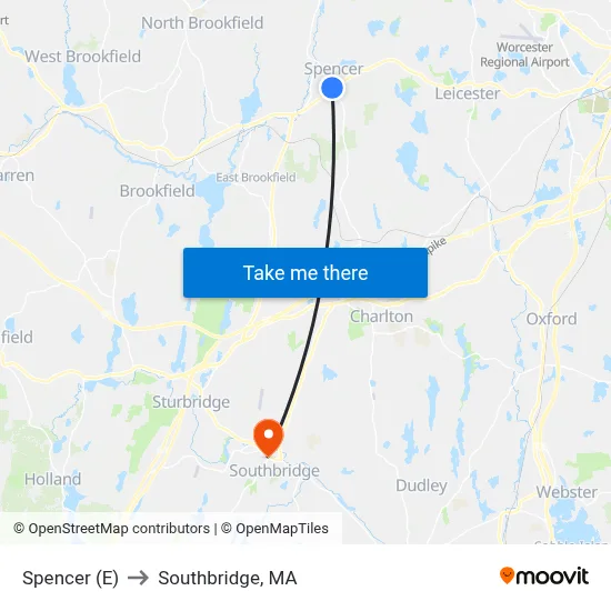 Spencer (E) to Southbridge, MA map