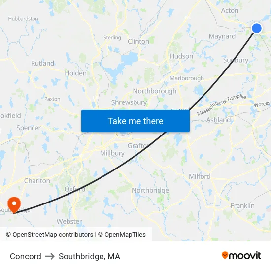 Concord to Southbridge, MA map