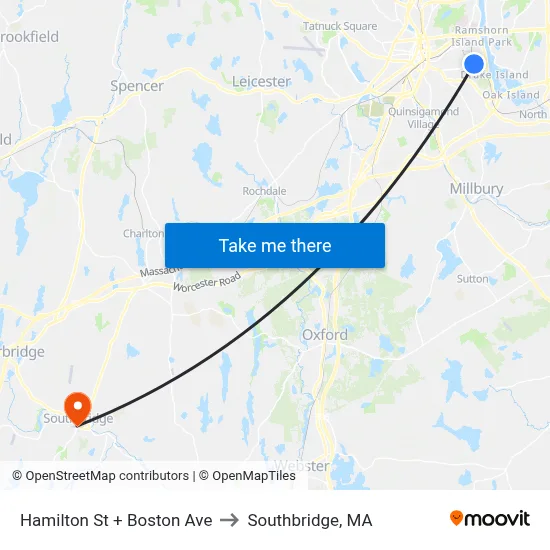 Hamilton St + Boston Ave to Southbridge, MA map