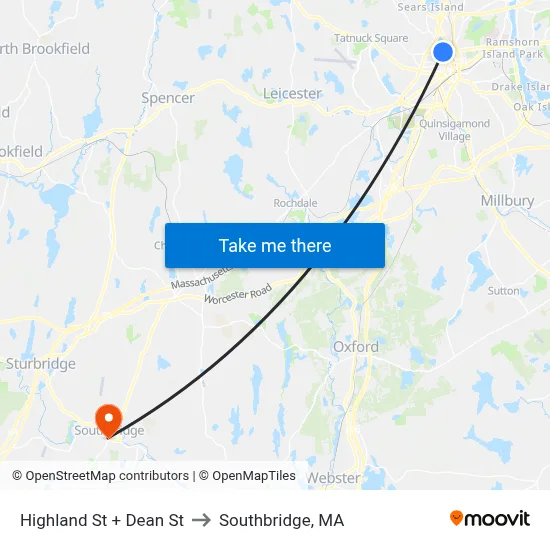 Highland St + Dean St to Southbridge, MA map