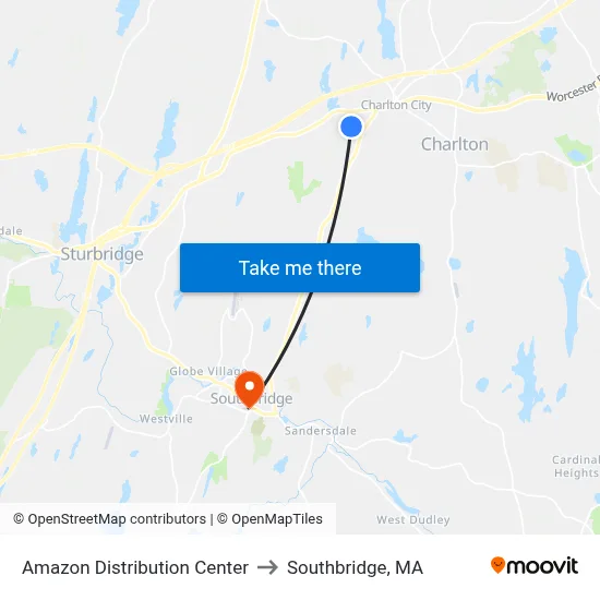 Amazon Distribution Center to Southbridge, MA map