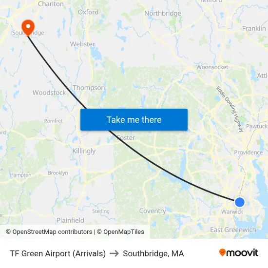 TF Green Airport (Arrivals) to Southbridge, MA map