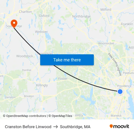 Cranston Before Linwood to Southbridge, MA map