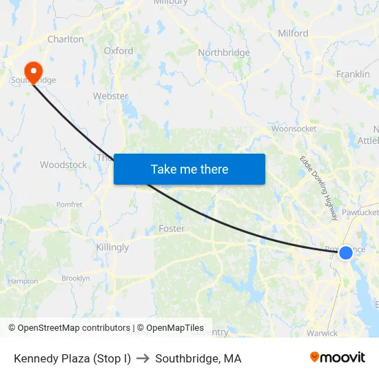 Kennedy Plaza (Stop I) to Southbridge, MA map