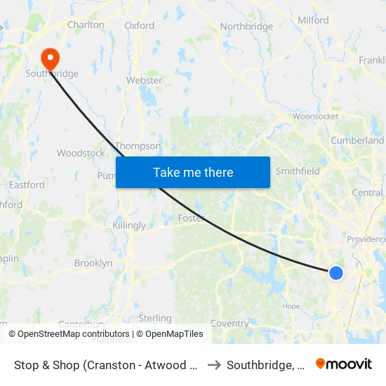 Stop & Shop (Cranston - Atwood Ave) to Southbridge, MA map
