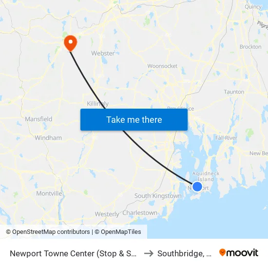 Newport Towne Center (Stop & Shop) to Southbridge, MA map
