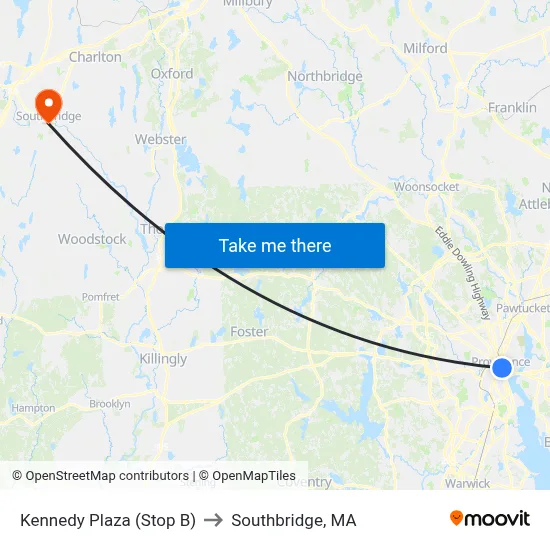 Kennedy Plaza (Stop B) to Southbridge, MA map