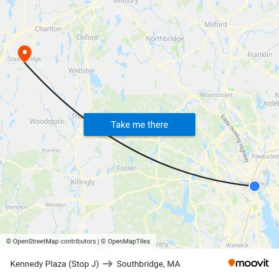 Kennedy Plaza (Stop J) to Southbridge, MA map