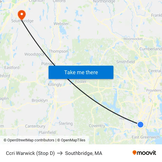 Ccri Warwick (Stop D) to Southbridge, MA map