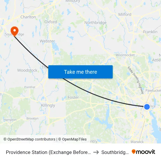 Providence Station (Exchange Before Park Row W) to Southbridge, MA map