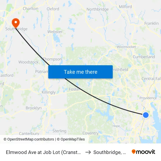 Elmwood Ave at Job Lot (Cranston) to Southbridge, MA map