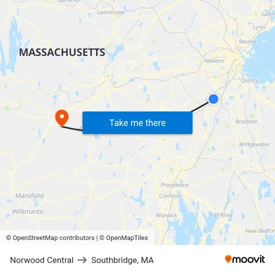 Norwood Central to Southbridge, MA map
