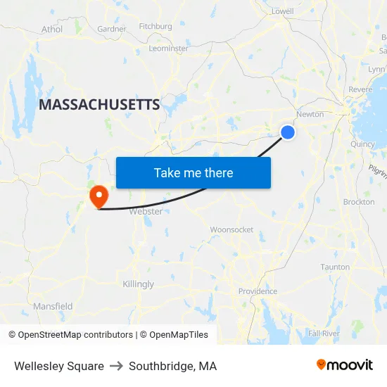 Wellesley Square to Southbridge, MA map
