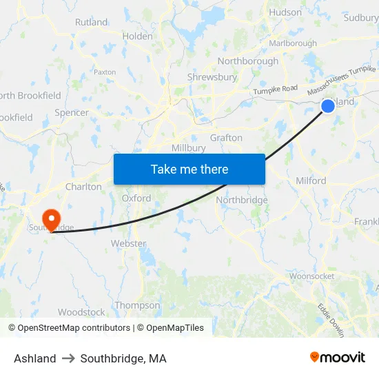 Ashland to Southbridge, MA map