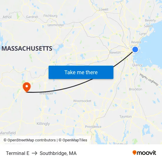 Terminal E to Southbridge, MA map