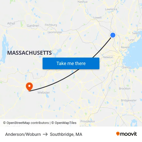 Anderson/Woburn to Southbridge, MA map