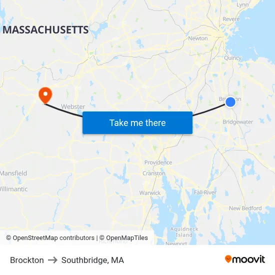 Brockton to Southbridge, MA map