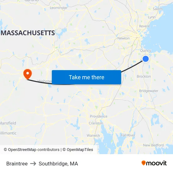 Braintree to Southbridge, MA map