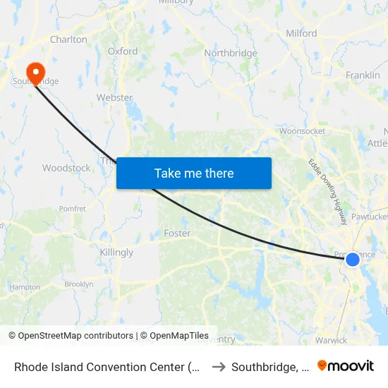 Rhode Island Convention Center (Sabin) to Southbridge, MA map