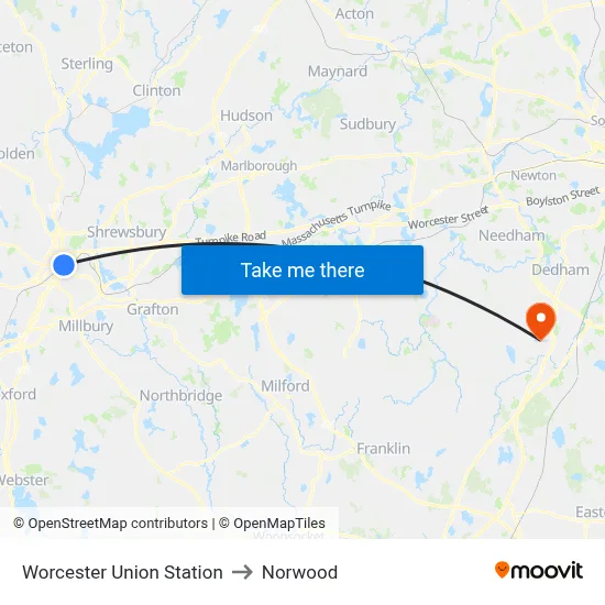 Worcester Union Station to Norwood map