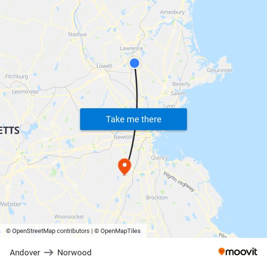 Andover to Norwood map