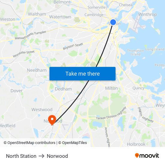 North Station to Norwood map