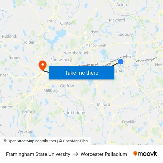 Framingham State University to Worcester Palladium map