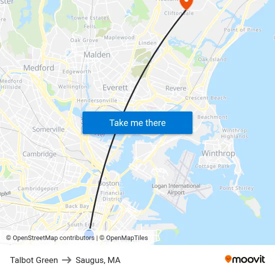 Talbot Green to Saugus, MA map