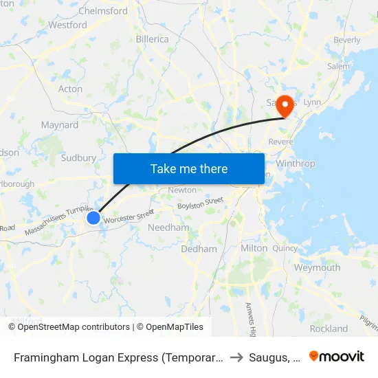 Framingham Logan Express (Temporary Stop) to Saugus, MA map