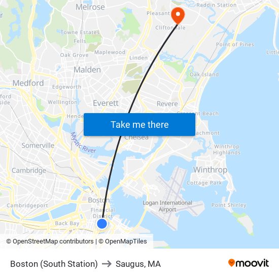 Boston (South Station) to Saugus, MA map