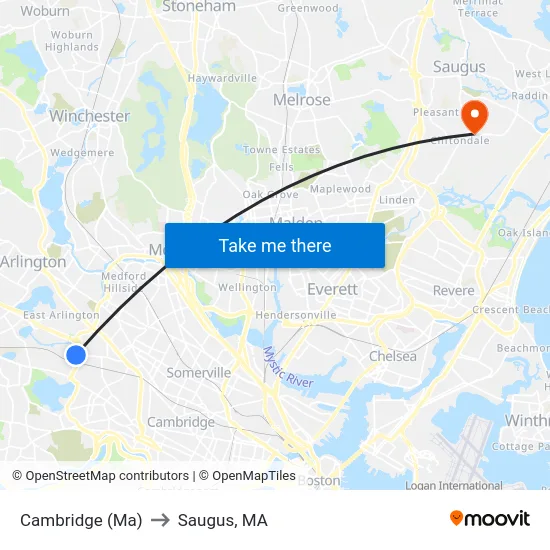 Cambridge (Ma) to Saugus, MA map