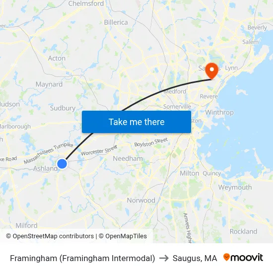 Framingham (Framingham Intermodal) to Saugus, MA map